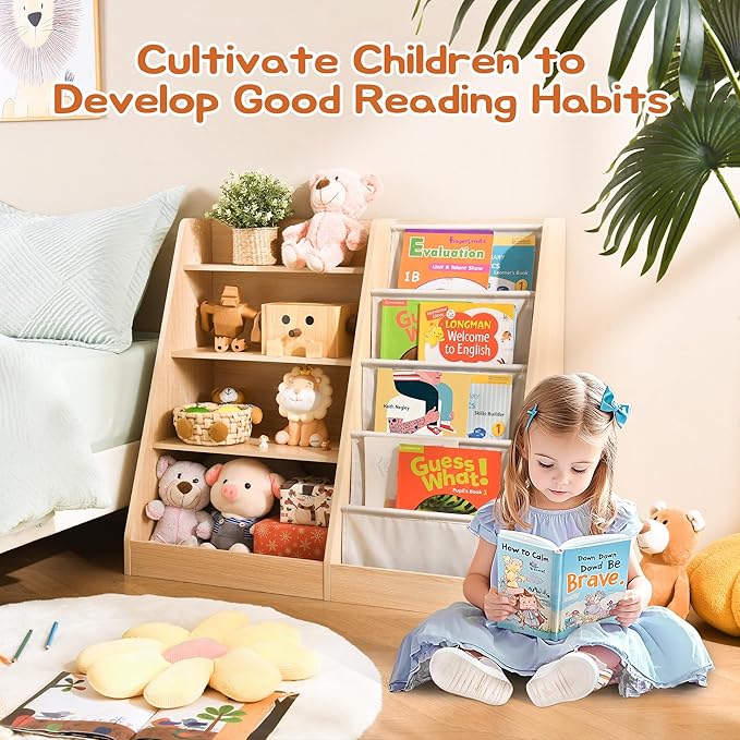 4 Tier Kids Wooden Bookshelf Baby Toddler Bookshelf and Toy Storage Organizer with Four Layer Sling Bookcase for Kids Room Playroom Nursery Classroom