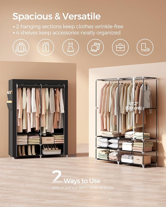 SONGMICS Portable Closet Wardrobe with Shoe Rack and Cover, Closet Storage Organizer, 2 Hanging Rods, Shelves, and 4 Side Pockets, 50 x 17.7 x 69.3 Inches, Spacious for Bedroom, Black URYG008B02
