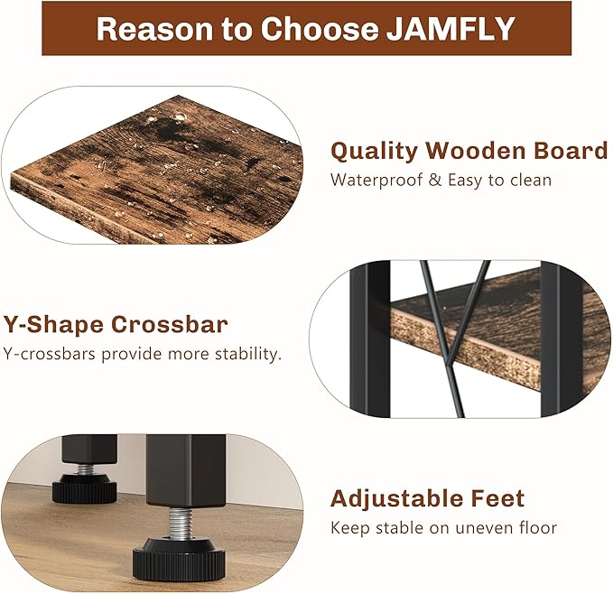 JAMFLY 5-Tier Corner Bookshelf, Industrial Corner Bookcase, Book Shelves with Metal Frame, Large Open Display Bookshelves, L-Shaped Shelf for Living Room, Home Office, Rustic Brown