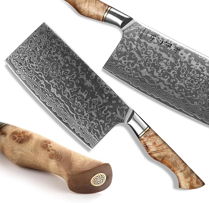 HEZHEN Meat Cleaver & Butcher Knife - 6.8 Inch 67-Layer Damascus Steel Forged Sharp Kitchen & Vegetable Cleaver with Non-Slip Wooden Handle