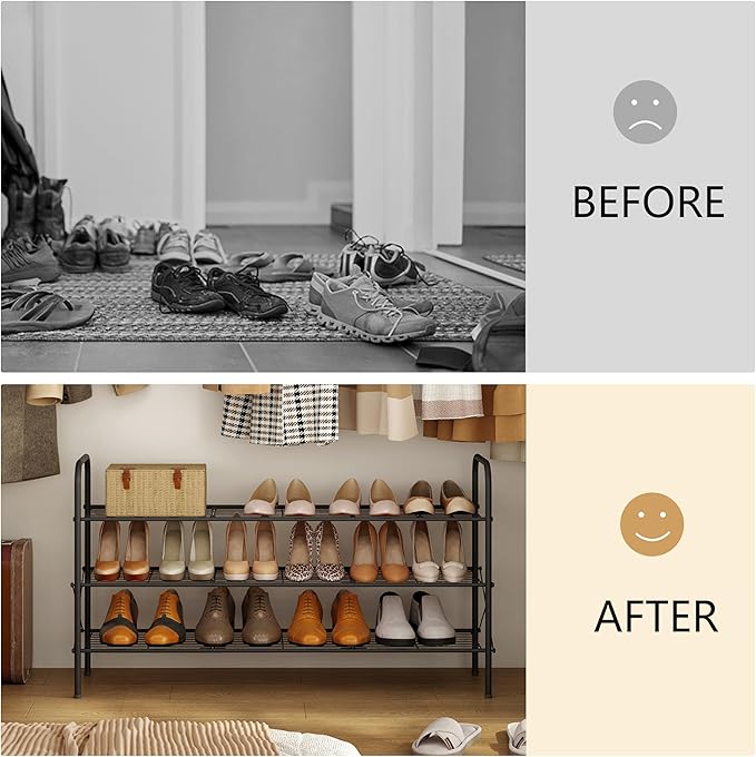 Hoctieon 3 Tier Mesh Style Shoe Rack, Entryway Shoe Shelf, Shoe Storage Organizer, Shoe Rack for Closet, Space Save for Bathroom, Garage, Hallway, Bedroom, Living Room, Black