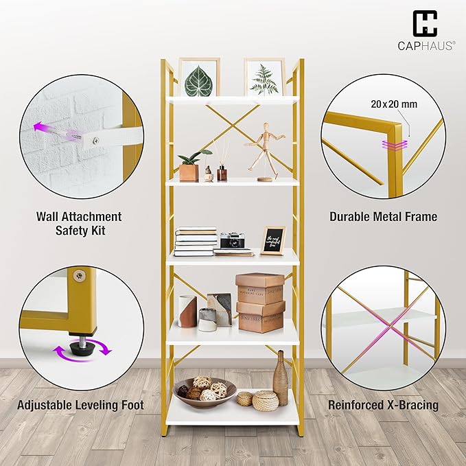 CAPHAUS 5 Tier Bookshelf, 24 Inch Width Free Standing Shelf, Bookcase Shelf Storage Organizer, Industrial Book Shelves for Home Office, Living Room, Kitchen, White Wooden Shelves & Gold Frame