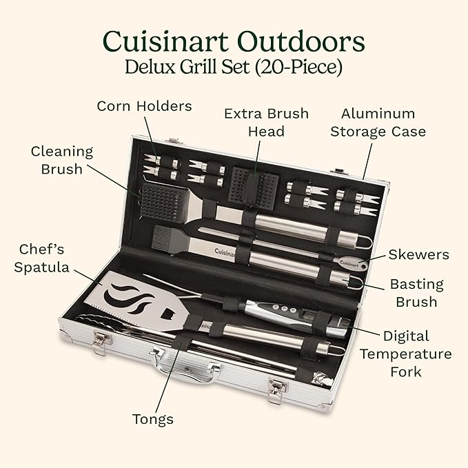 Cuisinart Deluxe Grill Tool Set, 20-Piece Grill Tools BBQ Accessories with Aluminum Case & Digital Temperature Fork, Spatula, Tongs, Stainless Steel Grilling Accessories, Grilling Set for BBQ