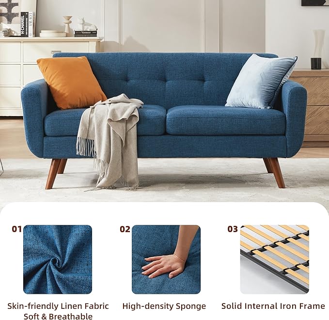 Tbfit 65" W Loveseat Sofa, Mid Century Modern Decor Love Seat Sofas and Couches for Living Room, Button Tufted Upholstered Small Couch for Bedroom, Solid and Easy to Install Love Seats Furniture, Blue