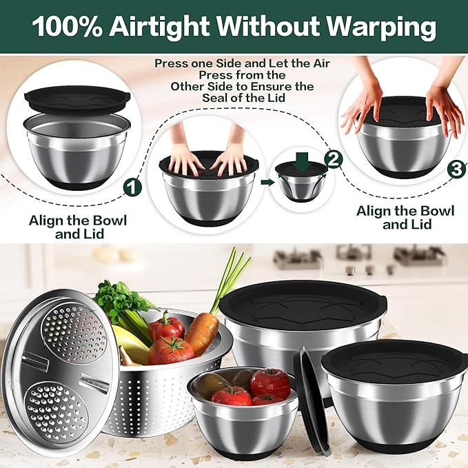 Mixing Bowls with Airtight Lids, Stainless Steel Mixing Bowl Set with 3 Metal Nesting Bowls, Colander & Grater, Non-Slip Bottoms, Size 1.5, 2.5, 5 QT, Great for Mixing & Serving, Black