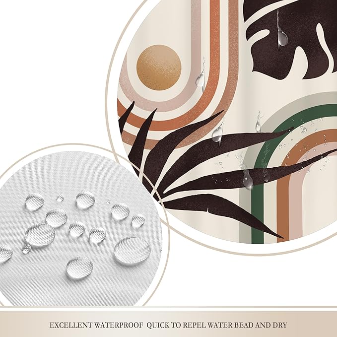 Glawry Boho Mid Century Shower Curtain Abstract Tropical Plant Minimalist Bohemian Botanical Palm Leaf Bathroom Modern Geometric 60Wx72L Inches Bath Accessories Art Home Decor Fabric 12 Pack Hooks…
