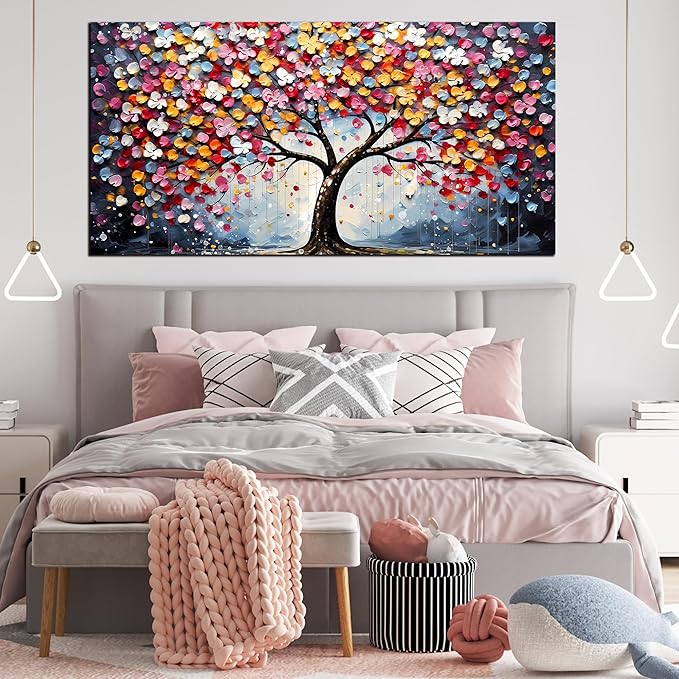 Zoyotago Large Canvas Wall Art Colorful Flower Tree Picture Gray Backgrounds Canvas Prints Ready to Hang for Bedroom Living Room Size 30x60