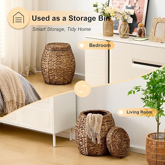 Round Wicker Basket with Lid, Handwoven Water Hyacinth Storage Basket, Blanket Organizer Basket for Laundry, Bathroom, Bedroom, Living Room, Office