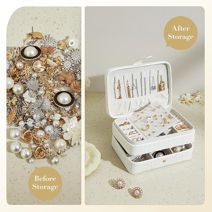 PU Leather Small Jewelry Box for Women Girls, Double Layers Travel Portable Jewelry Case for Ring, Pendant, Earring, Necklace, Bracelet Organizer Storage Holder Boxes, White