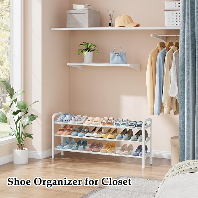 Shoe Rack for Closet, 3 Tier Shoe Organizer, 28“ Metal Shelf Can Expandable to 42“, for Closet, Entryway, Bedroom, Garage, Adjustable to 18 Pairs Shoes, White