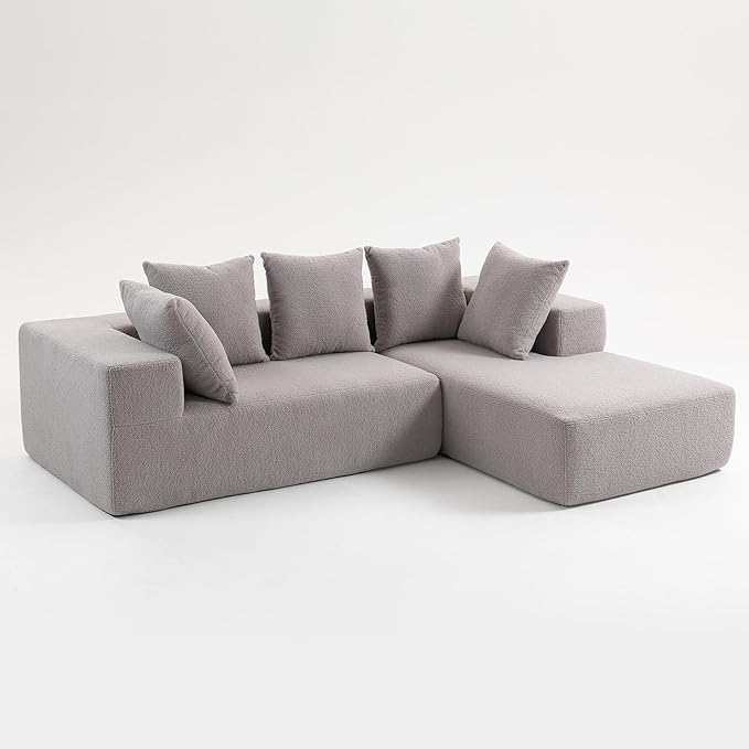 KEIKI L-Shape Cloud Sectional Sofa, 96” Modern Modular Boneless Couch with Left Chaise Lounge, Upholstered Couches for Living Room Bedroom, Light Grey