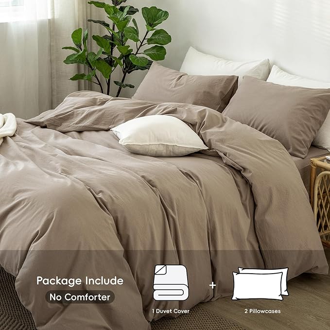 MooMee Bedding Duvet Cover Set 100% Washed Cotton Linen Like Textured Breathable Durable Soft Comfy (Solid Mocha Brown, King 104"x90")