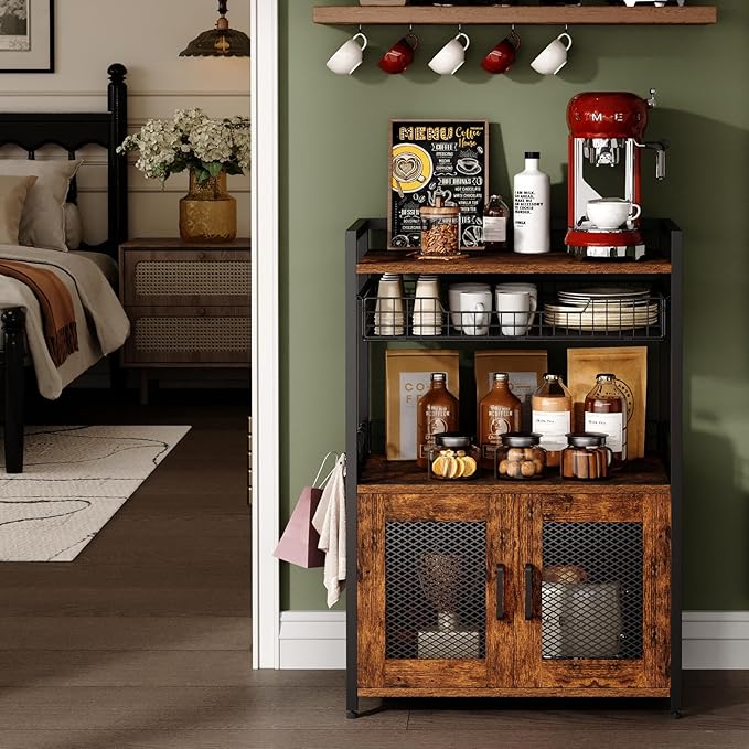 Coffee Bar Cabinet, 3 Tier Coffee Station Table on Wheels, 35.9" H Bar Cart with Wire Basket Drawer & 5 Hooks for Home Kitchen, Liquor Buffet Sideboard Cabinet (Rustic Brown)