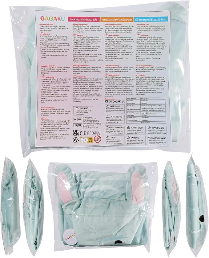 GAGAKU Stuffed Animal Bean Bag Cover Toy Storage, 24 Inches Kids BeanBag Crystal Blue Rabbit Large Zipper Bean Bag for Organizing Kids Plush Toys Home Supplies