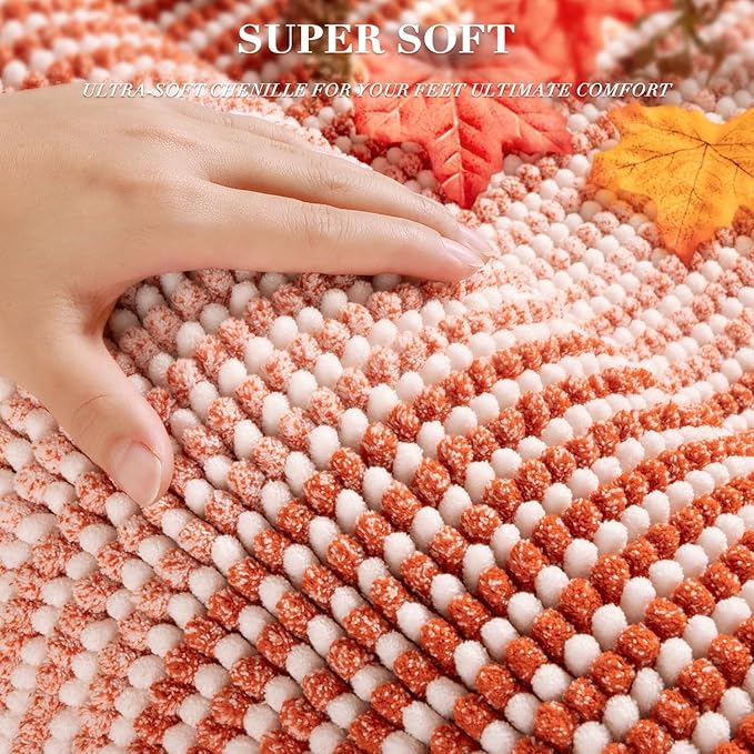 Bathroom Rugs and Mats Sets, 2 Piece Thick Absorbent Chenille Bath Mat Rug Set Non Slip, Soft Shaggy Bath Room Floor Mats for Bathroom, Machine Washable (Sunset Orange, 24" x 70" Plus 20" x 32")