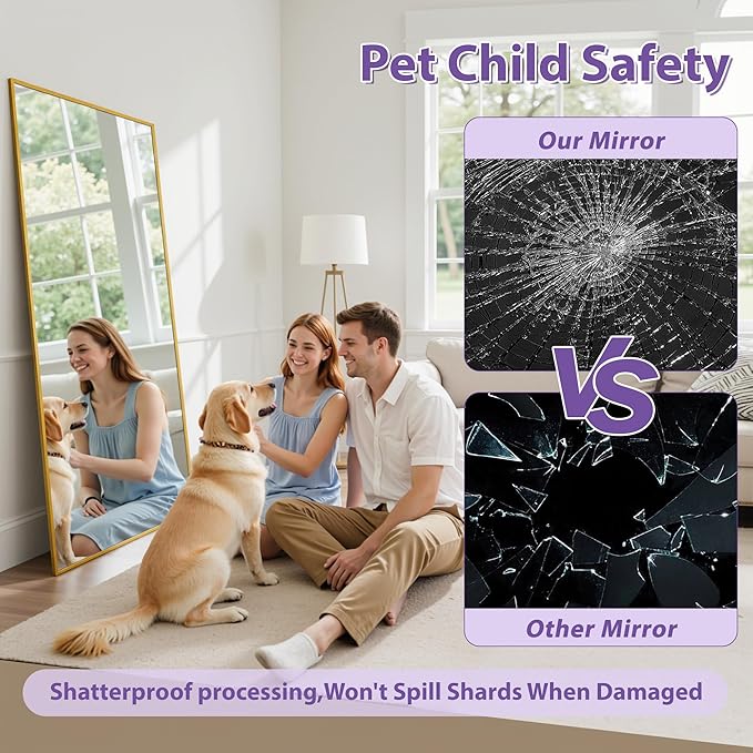 Full Length Mirror, 58"x21" Oversized Floor Mirror Freestanding, Full Body Mirror Floor Standing Mirrors with Stand, Hanging Mounted Mirrors for Bedroom Living Room, Gold, Rect Style