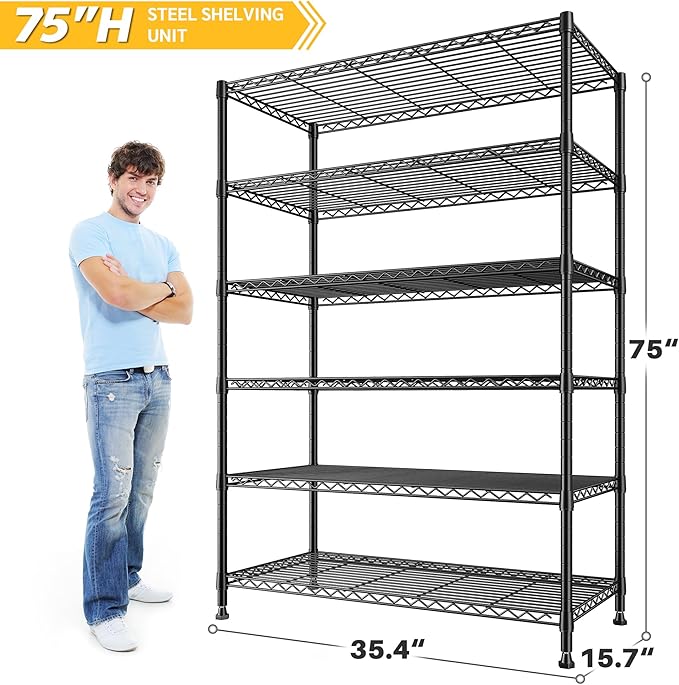 REIBII 75''H Storage Shelves Metal Shelving Unit, 6 Tier Wire Shelving for Pantry Shelves Adjustable 1200LBS Garage Shelving Heavy Duty Storage Rack for Kitchen Garage, 35.4''W*75''H*15.7" D, 2PCS