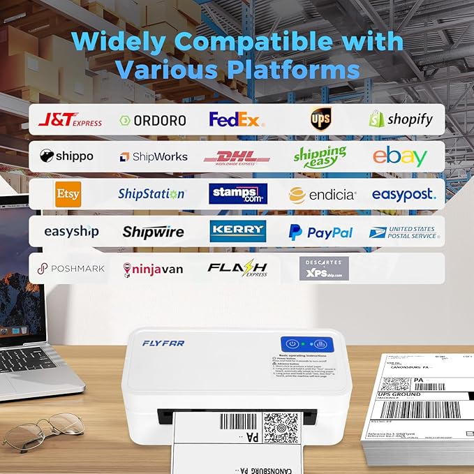 Bluetooth Thermal Shipping Label Printer, Wireless 4x6 Label Printer for Small Business, Compatible with Android, Windows, iPhone, Mac, Widely Used for Amazon, Shopify, Ebay, USPS, Etsy,FedEx (White)