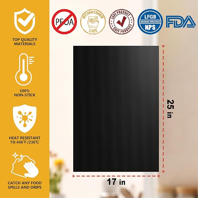 Oven Liners for Bottom of Oven, 2 Pack Large Thick Heavy Duty 100% Non-stick Reusable Teflon Oven Mat, 17”x25” Baking Mat for Electric, Gas, Toaster Ovens, Grills,Kitchen Friendly Cooking Accessory