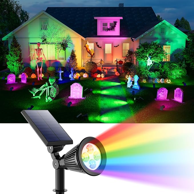 Color Changing Solar Spotlights Outdoor RGB Waterproof Landscape Flood Lights for Halloween Decorations, Skeletons, Tombstones, Pumpkin, Tree, Uplighting for Outside House, Wall, Yard, Garden, Pathway