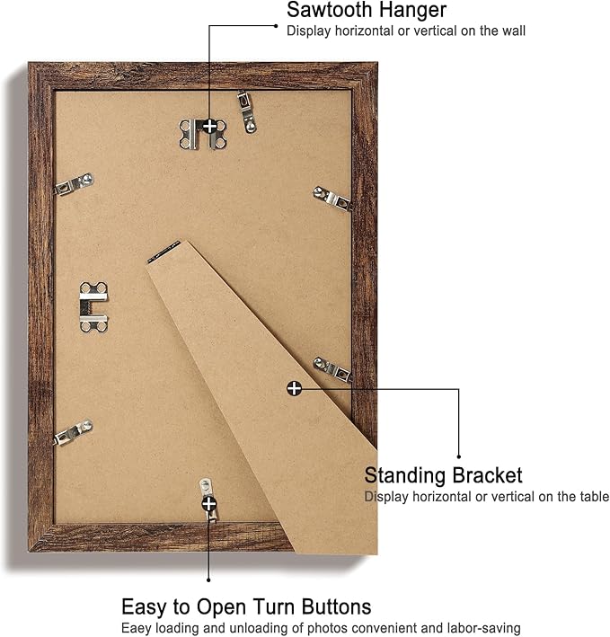 8x12 Picture Frame Set of 4 with High Definition Real Glass, Display 6x8 Pictures with Mat or 8 x 12 Without Mat, Rustic Photo Frames for Tabletop and Wall Mounting
