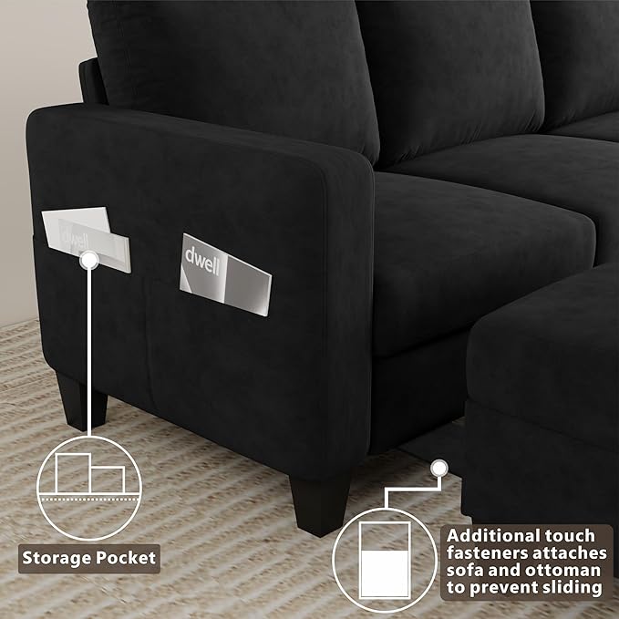 Sectional Sofa Couches for Living Room - Black 3 Seat L-Shaped Couch with Storage Ottoman, Comfy Velvet Convertible Sectionals Sofas with Chaise for Apartment, Office, Small Space