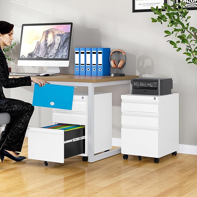 3 Drawer File Cabinet with Lock,Under Desk File Cabinet with Wheels,White Rolling File Cabinet,Three Drawer Metal Filing Cabinet for Home Office,Fit A4/Letter/Legal File,Fully Assembled Except Casters