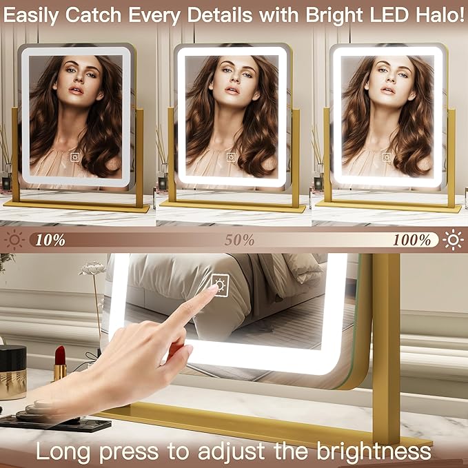 FENNIO Vanity Mirror with Lights - 15"x12.6" LED Lighted Makeup Mirror, Large Makeup Mirror with Lights, Touch Screen with 3-Color Lighting, Dimmable, for Vanity Desk Tabletop, Bedroom Gold