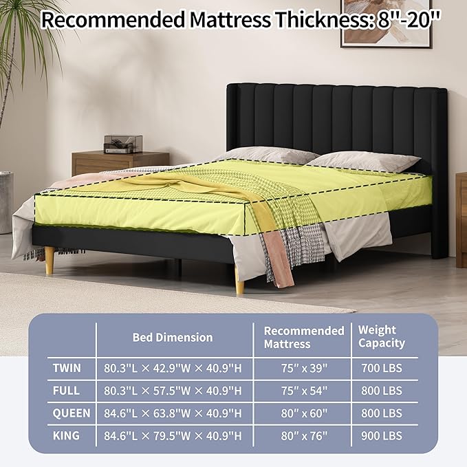 Queen Size Upholstered Platform Bed Frame with Modern Wingback & Vertical Panel Headboard, Linen Fabric, Wooden Legs & Slats Support, No Box Spring Needed, Noise-Free & Easy Assembly, Black