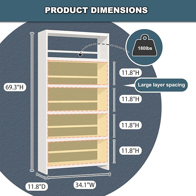 Bookshelf,5 Tier Bookshelves,69" Tall Metal White Bookcase,Install Simple Bookshelves for Bedroom, Living Room,Home Office/Library(White)