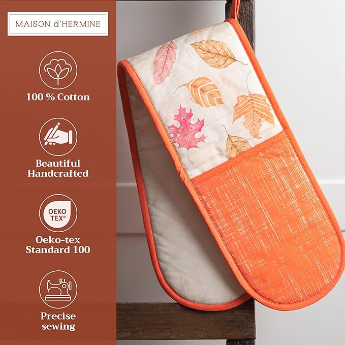 Maison d' Hermine Double Oven Mitt (7" x 35") 100% Cotton Heat Resistant BBQ Cooking Gloves with Loop for Thanksgiving Christmas Decorations Baking Cooking Handling Hot Pan (Colours of Autumn)
