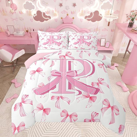 jejeloiu Kids Girls Cute Pink Bow Comforter Set Queen Size Monogrammed Bedding Set Ultra Soft Personalized Initial P Duvet Quilt Coquette Bow Knot Quilt Set Room Decor Modern Fashion Comforter