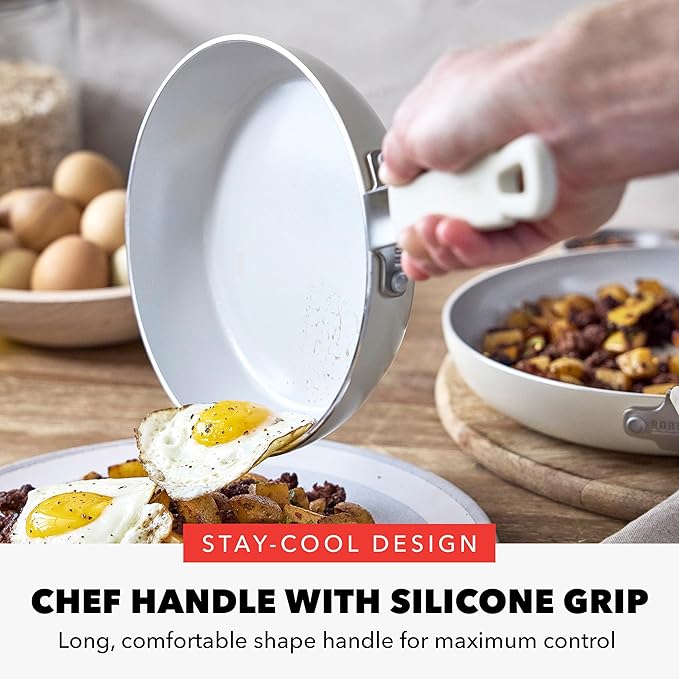 GreenPan x Bobby Flay 10" Nonstick Frying Pan Skillet, PFAS-Free Diamond Ceramic, Induction Suitable, Stay-Cool Silicone Handle, Easy Clean Dishwasher & Oven Safe, Egg & Omelet Pan, Cream