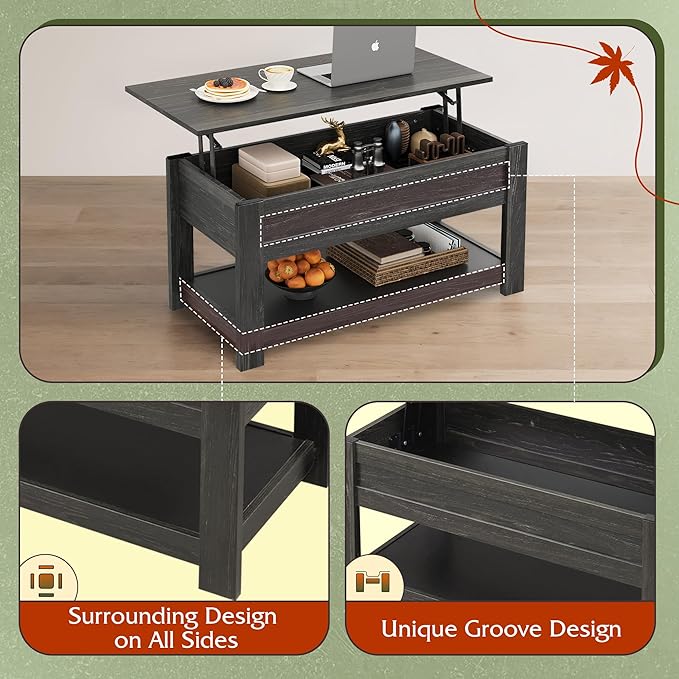 WLIVE Coffee Table, 39" Lift Top Coffee Table with Hidden Compartment and Storage Shelf for Living Room, Espresso