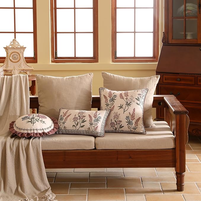 Design Linen Vintage Throw Pillow Covers 12"x20" Pack of 2, Rectangle Cushion Covers with Red Purple Flowers Green Leaves Pattern Decoration Pillowcases for Bed,Living Room,Outdoor,Car