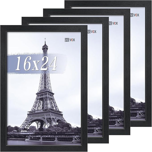 VCK 16x24 Poster Frame Set of 4 - Black, Gallery-Quality Wood Picture Frames, 1.1-Inch Wide Border, Polished Plexiglass, Vertical or Horizontal Wall Display for Photo/Art/Prints, Black