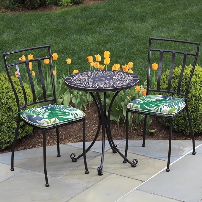 Set of 2 Outdoor Chair Cushions with Ties,Water Repellent Patio Chair Pads 17"x 16" for Outdoor Furniture,Round Corner Seat Cushions for Garden Yard Kitchen Islamorada Blue Green