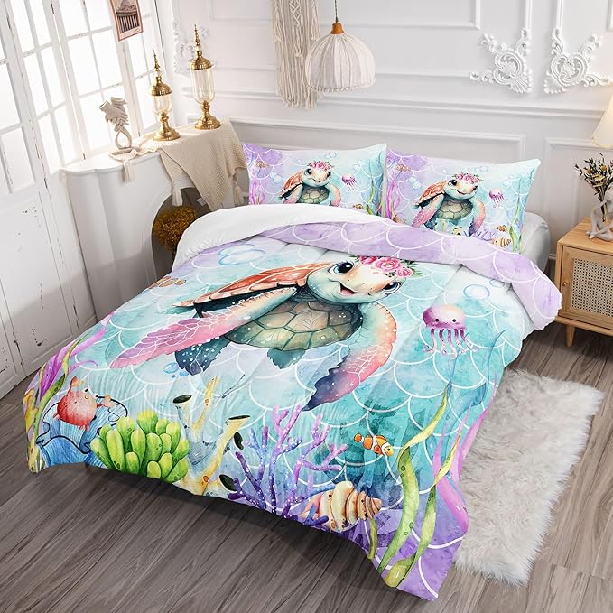 Kids Comforter Set Mermaid Scale Turtle Printed Pattern Bedding Set with 1 Comforter and 2 Pillowcases for Girls Boys Bedroom All Season(Turtle Queen)