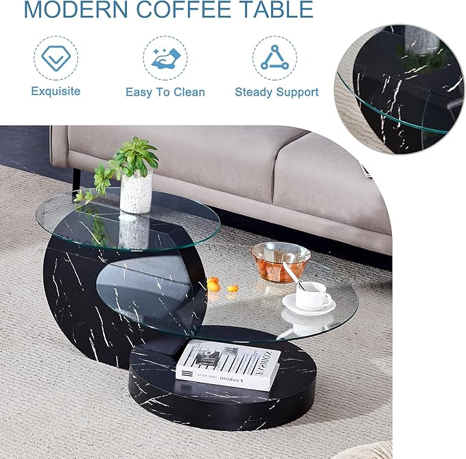 Glass Coffee Table, Modern Round Glass Coffee Table with Wooden Base, 3 Tier Round Coffee Table, Clear Cocktail Table with Storage for Living Room, Office, Balcony, Black