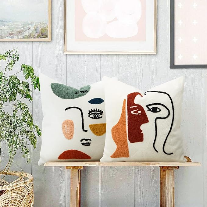 Merrycolor Soft Aesthetic Decorative Throw Pillow Covers 18x18 Modern Abstract Face Art Pillow Covers Colorful Embroidery Square Cushion Case Boho Cute Pillows for Bedroom Couch Sofa Living Room,1PC