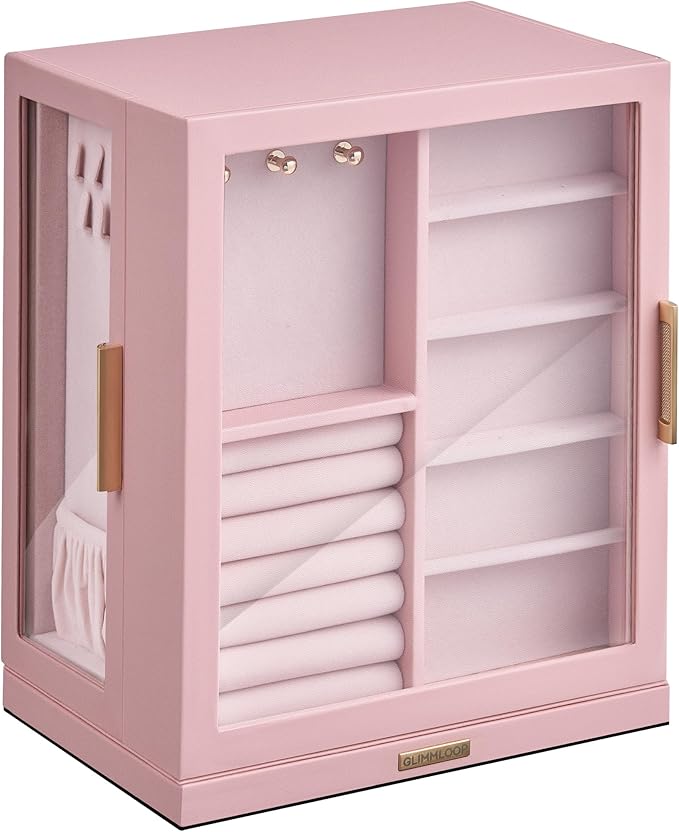 360° Rotating Jewelry Box with 5 Drawers, Spacious Vertical Jewelry Organizer with Glass Window, Jewelry Storage Case, Dustproof & Moisture-resistant Design, Pink