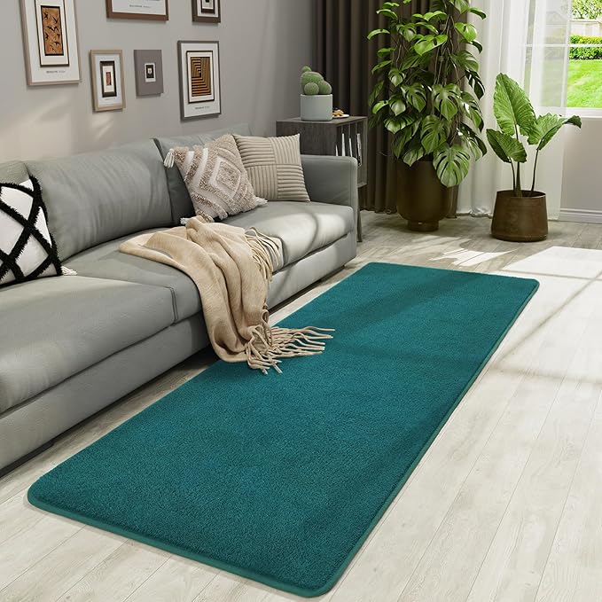 Soft Runner Rugs for Bedroom 2x6, Non Slip Runners for Hallway Kitchen Laundry Dorm Washable, Minimalist Low Pile Long Rugs for Boys Men Girls Kids, Teal Green