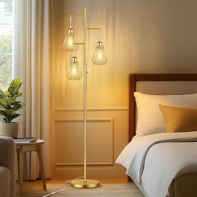 QiMH Industrial Floor Lamps for Living Room, Tree Standing Lamp with Stepless Dimmable, 68" Modern Tall Lamps for Bedroom Study Home Office, Rotary Switch, 3 LED Bulb Included, Gold