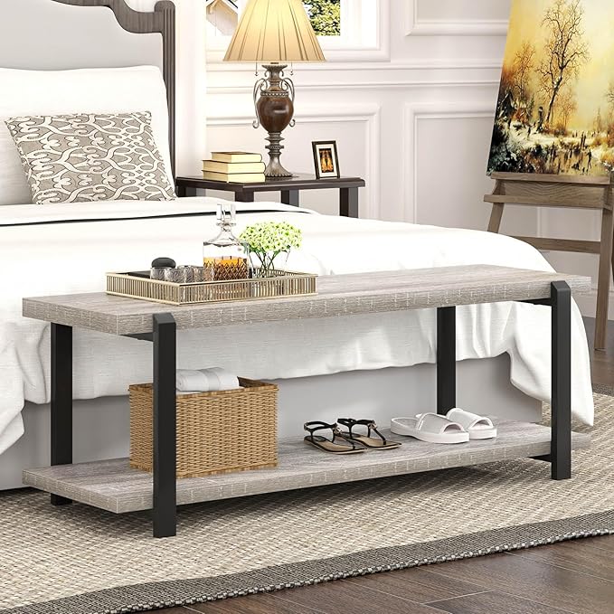 FOLUBAN Entryway Bench, Vintage Wood and Metal Shoe Bench for Hallway Front Door Entrance, Farmhouse Indoor Shoe Storage Bench Seat for Bedroom, Living Room, Light Grey, 47 Inch