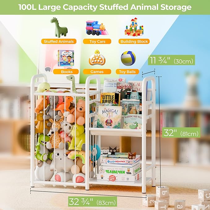GRANNY SAYS 3 Tier Kids Bookshelf and Toy Storage, Stuffed Animal Storage with Kids Bookshelf, Kids Toy Storage Organizer with Elastic Cord, Book Shelf for Kids Rooms, Nursery, Playroom, Bedroom