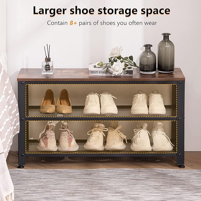 Apicizon Shoe Rack, 35.5 Inches 3-Tier Shoe Rack for Entryway with Long Seat and Metal Shelves for Garage, Industrial Storage Bench with Steel Structure for Living Room, Bedroom, Mudroom, Rustic Brown