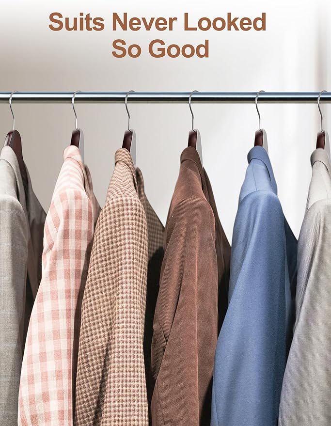 HOUSE DAY Wood Suit Hangers for Men, Wide Shoulder Wooden Hangers with Non Slip Pants Bar, Smooth Retro Finish 360° Swivel Hook Solid Wood Coat Hangers for Heavy Clothes Hanger 6 Pack (Cherry Wood)
