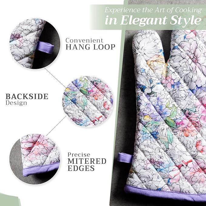 Maison d' Hermine 100% Cotton Oven Mitt & Pot Holder Set (7.5"x13" & 8"x8") Heat Resistant BBQ Cooking Gloves with Loop, Baking, Grilling, Kitchen, Handling Hot Pans Spring/Summer (Floral Love)