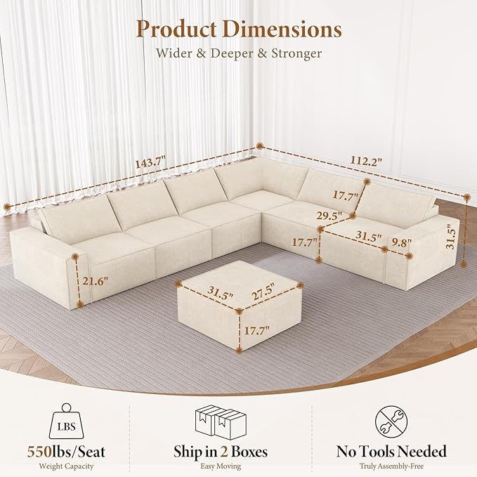 Vesgantti 143.7" Oversized Boneless Modular Couch, Modern 6 Seater Sectional Sofa with Ottoman & Deep Seat, Convertible Chenille Cloud Couches for Living Room, No Assembly Required, Beige