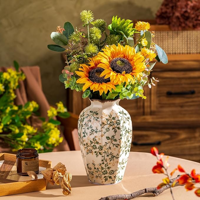 Vintage Pastoral Octagonal Vase, Green and Beige Retro Ceramic Flower Vase, Rustic Farmhouse Vases Chinoiserie Floral Large Vase for Home Decor, Living Room, Kitchen, Bedroom and Shelf 9.1 Inch